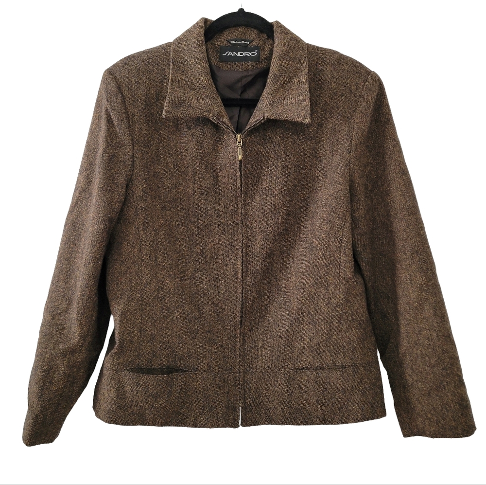Sandro Women's Brown Tweed Wool Blazer Jacket Size 16 Minimal Classic Vintage